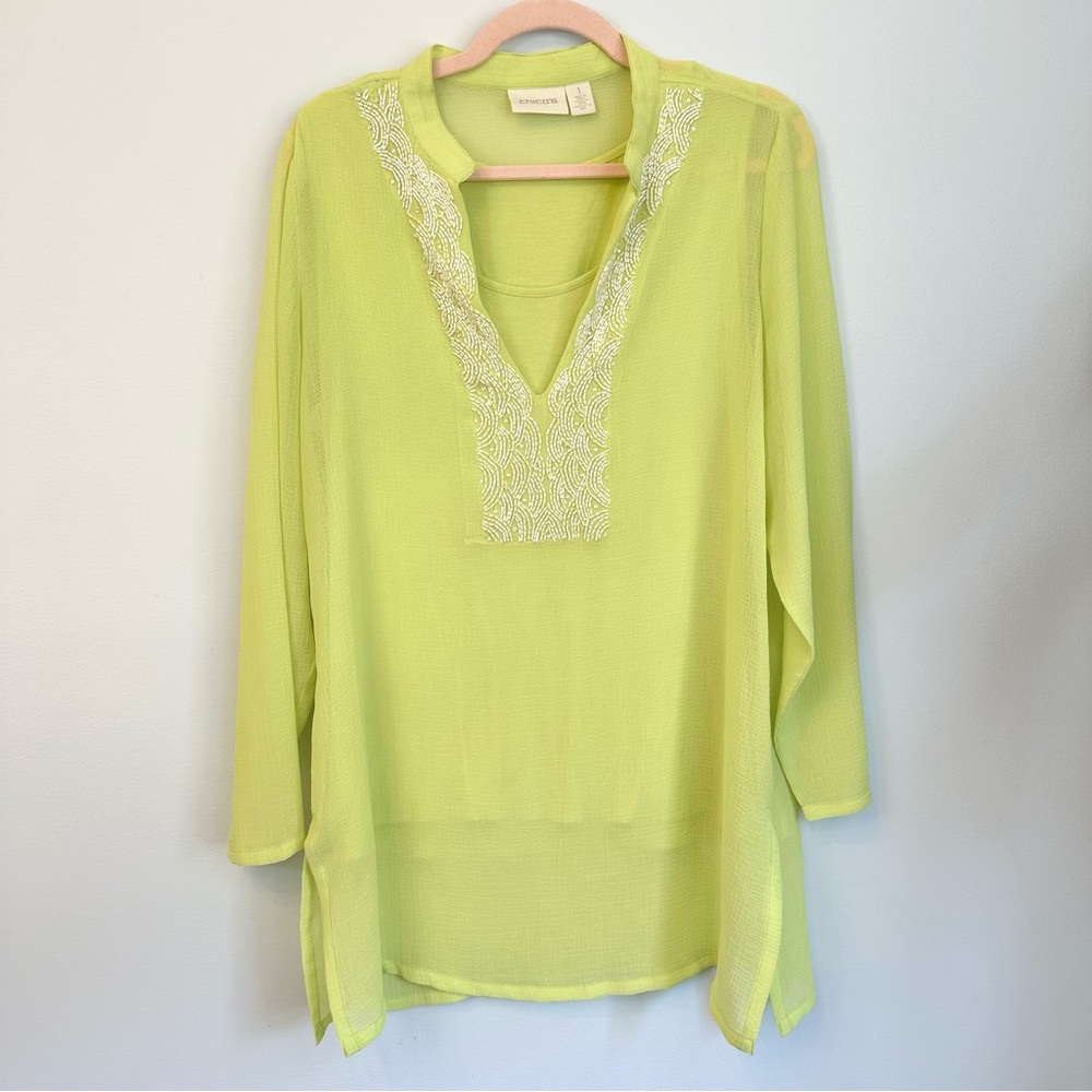 Chico's Chartreuse Split V-Neck Tunic with White Beading B4